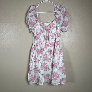 In February Floral Puff Sleeve Smocked Mini Dress White Cottagecore Boho L NWT